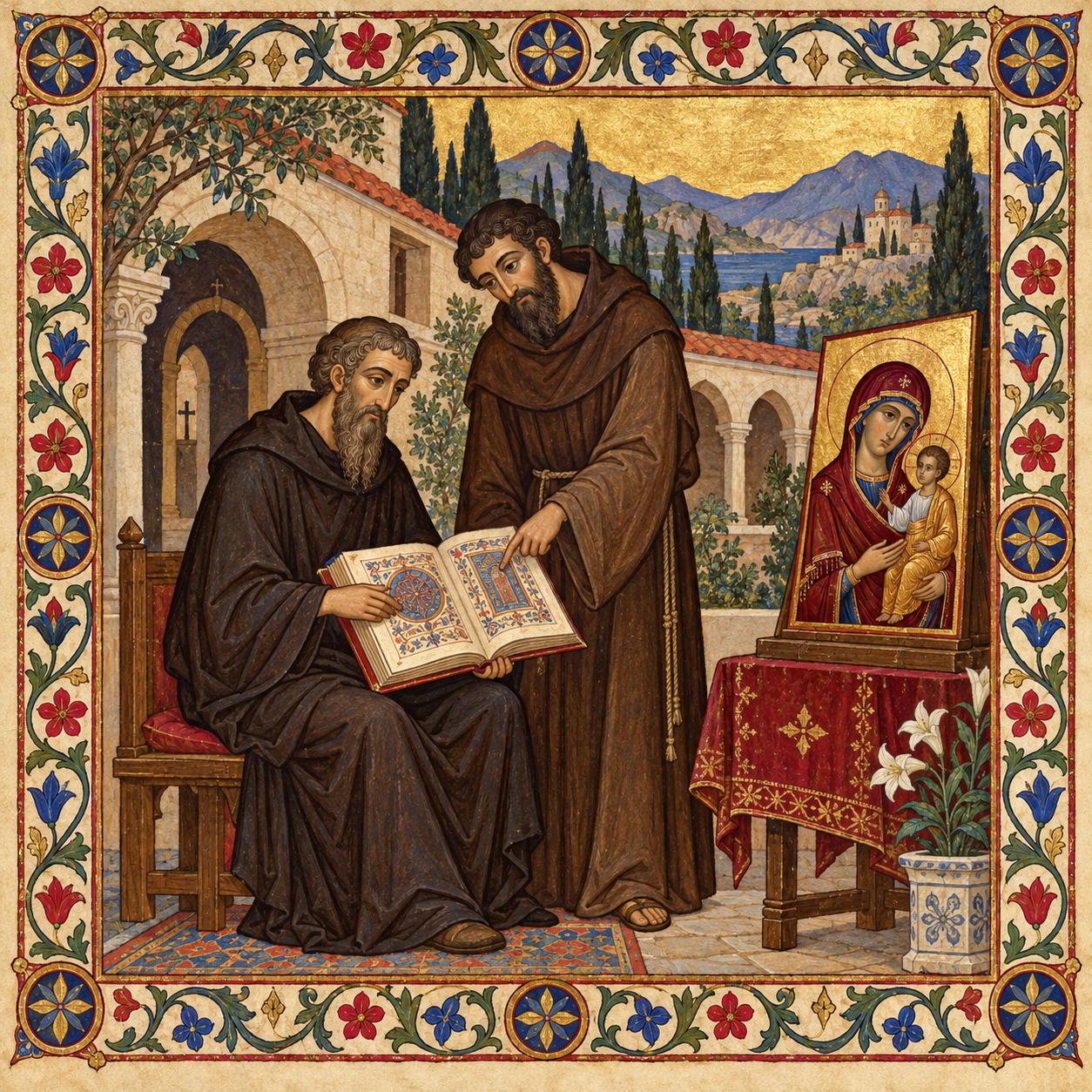 Enluminure représentant deux moines orientaux lisant un codex auprès d’une image de Marie et de l’Enfant Jésus.
