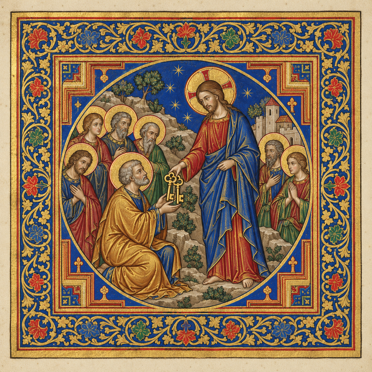 Enluminure représentant le Christ remettant deux clefs à Pierre agenouillé, entouré d’apôtres. Illustration symbolique de Matthieu 16.